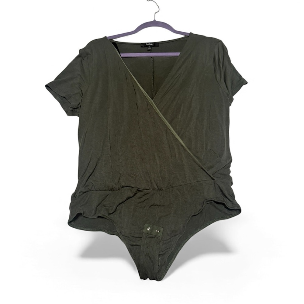 Lulus Marren Olive Green Short Sleeve Surplice Bodysuit - Size XL - Picture 2 of 3